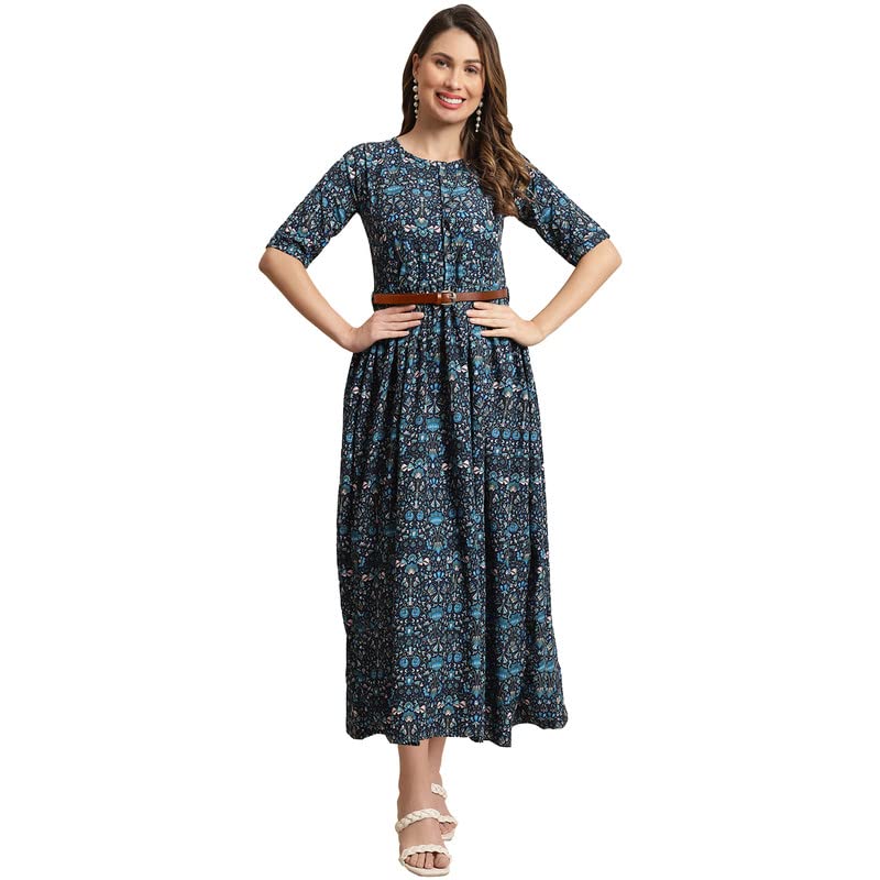 Preneum WomenS Georgette Floral Printed 3/4 Slevees A-Line Fit & Flare Gown With Beltindo-Western Ethnic Gown || A-Line Maxi Dr