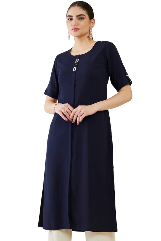 Soch Women Navy Blue Viscose Solid Kurta