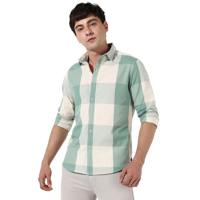 Campus Sutra Mens White & Sage Green Buffalo Check Button Up Regular Fit Shirt for Casual Wear | Cotton Shirt Crafted with Regu