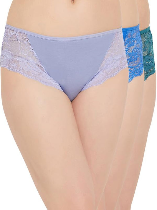 Clovia WomenS Cotton Pack Of 3 Mid Waist Hipster Panties With Lace Panels (Pnc531920_Multicolor_S)
