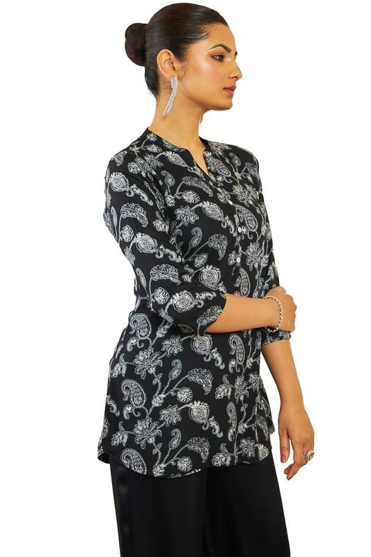 Soch Womens Black Rayon Tunic with Floral and Paisley Print