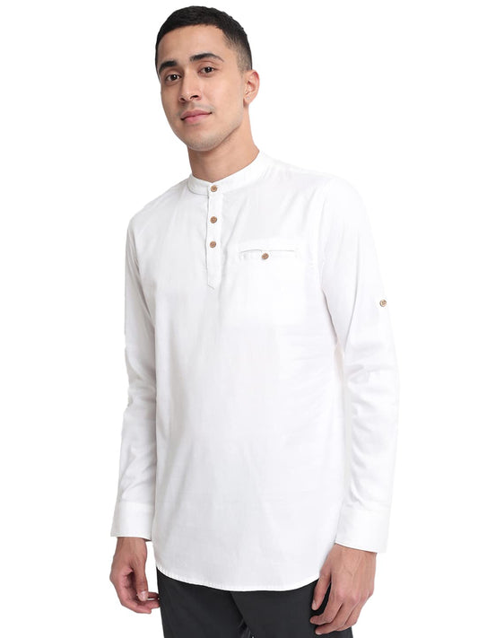Bewakoof MenS Solid 100% Cotton Short Kurta - Relaxed Fit, Mandrin Collar, Full Sleeves White