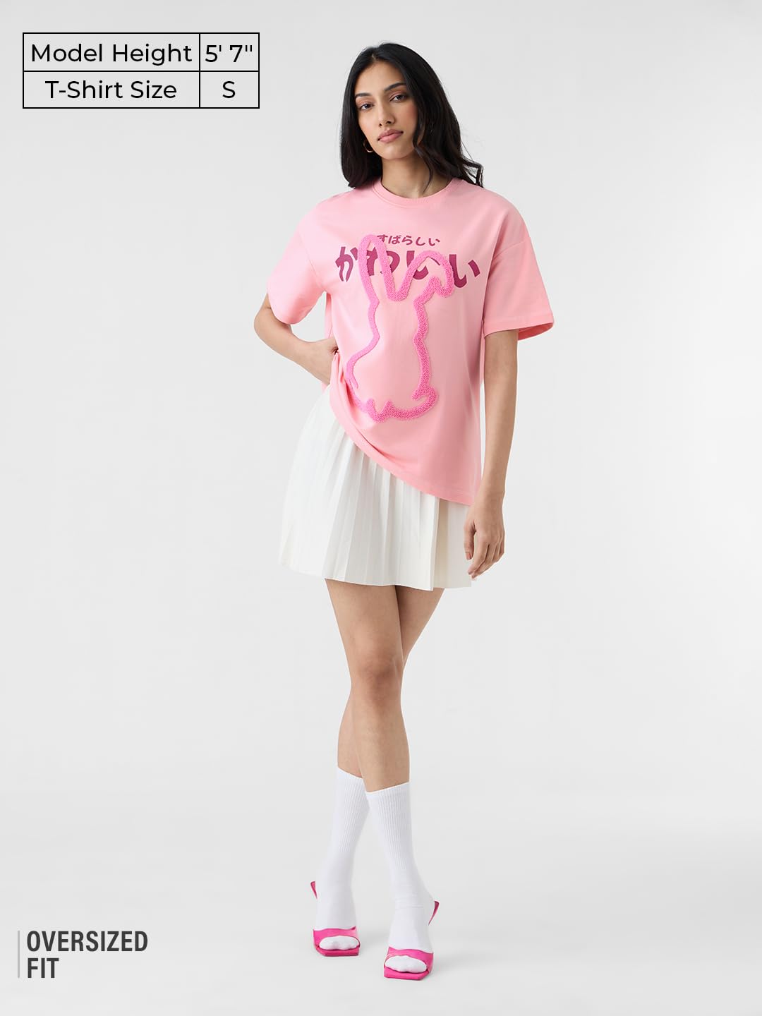 The Souled Store Oversized T-Shirt: Bunny Women and Girls Short Sleeves Round Neck Pink Embroidered Cotton Oversized T-Shirts