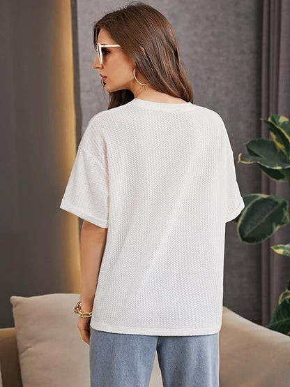 Trillmixa WomanS Half Sleeve Round-Neck T-Shirt: Stylish, Casual Waffle Cotton Fabric, Comfortable, Stretchable, Breathable, Ov