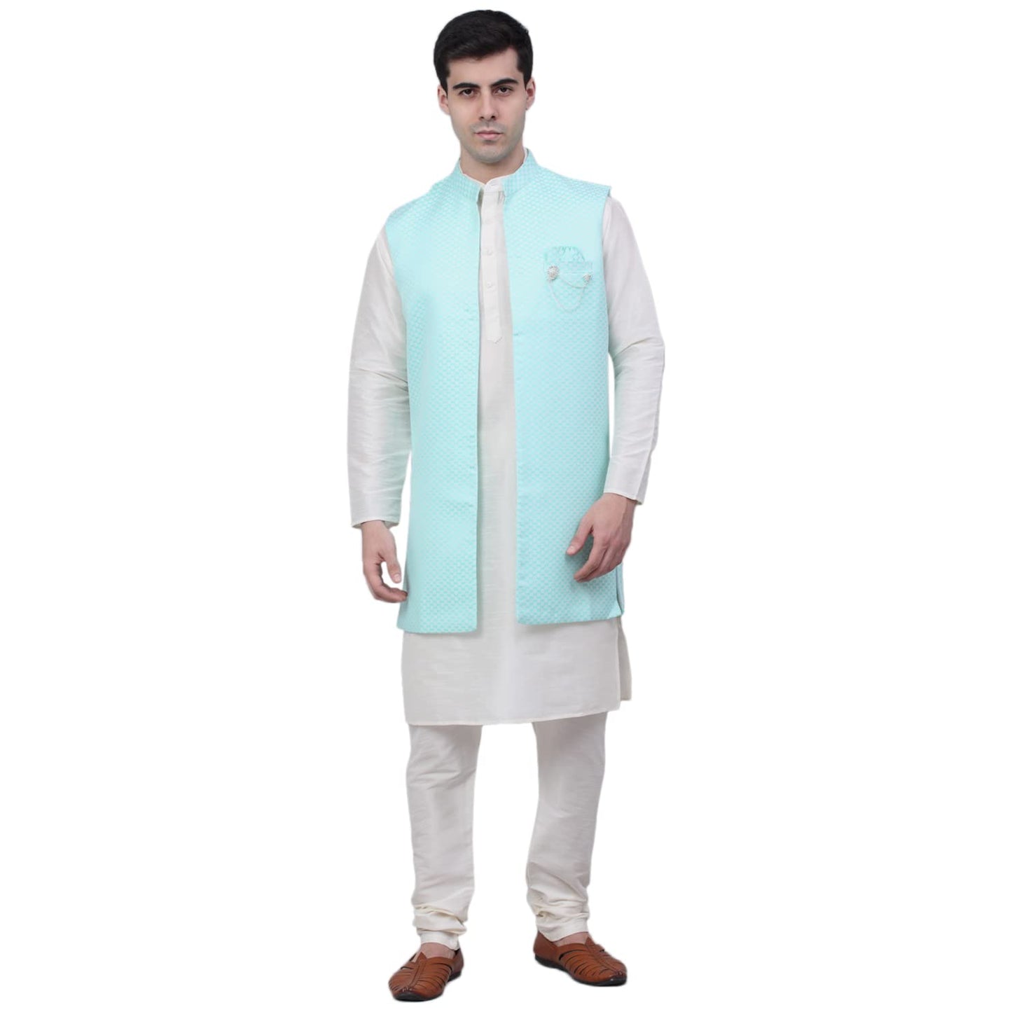 Jompers Mens Solid Kurta Pyjama Set With Woven Design Waistcoat Jacket
