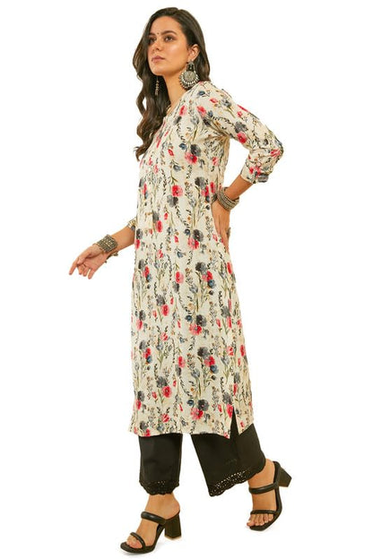 Soch Womens Grey Floral Print Rayon Straight Kurta With Kantha Weave