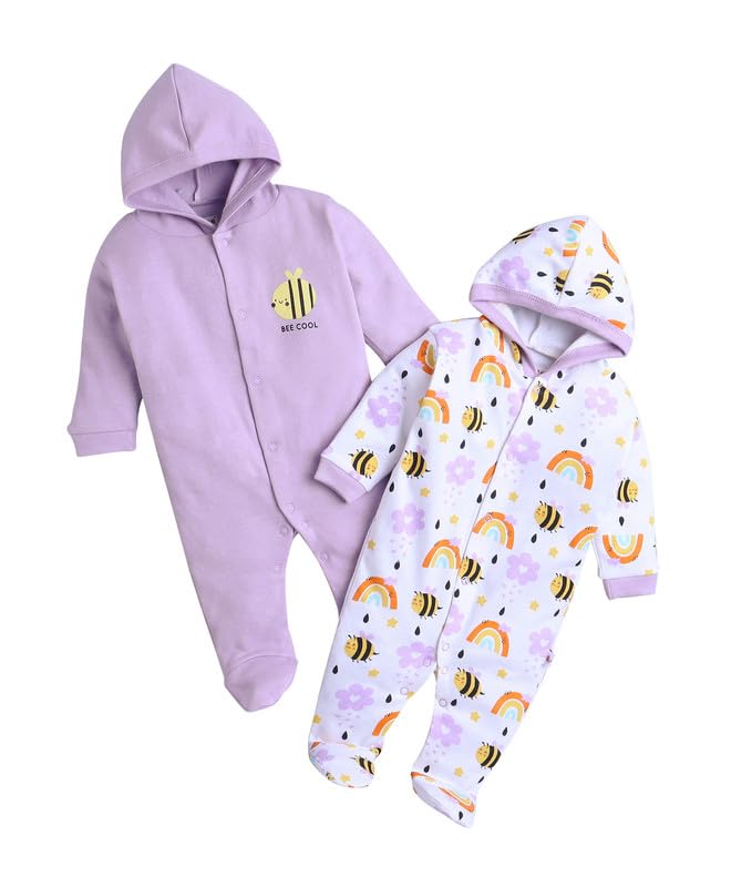 BUMZEE Lavender & White Baby Girls Full Sleeves Sleepsuit with Hood Pack of 2 Age - New Born (Peb10010A-lvd)