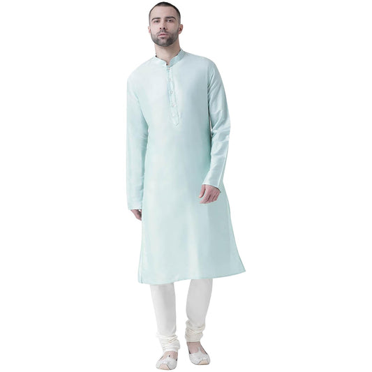 Kisah Cotton Blend Turquoise Blue Kurta For Men, Full Sleaves, Knee Length, Straight, Regular Fit, Mandarin Collar, Geometric Em