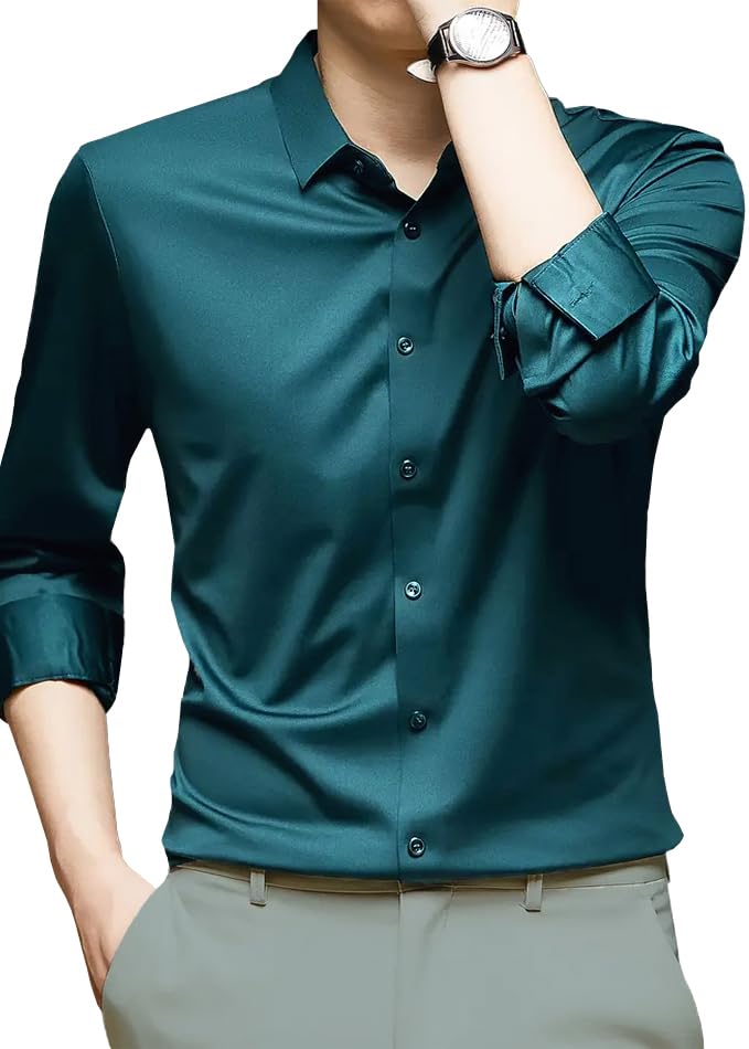 CB-COLEBROOK Mens Silk Satin Dress Shirts for Men Long Sleeve Button Down Shirts Party Prom Wedding Shirt Top (in, Alpha, M, Re