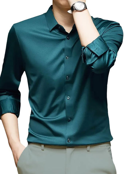CB-COLEBROOK Mens Silk Satin Dress Shirts for Men Long Sleeve Button Down Shirts Party Prom Wedding Shirt Top (in, Alpha, M, Re