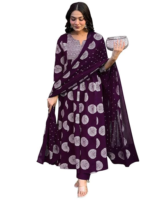 Toochki Dress For Women | Flared Dresses | Three Piece | Embroidered With Printed Work | Rayon Fabric | Wine | With Pant And Dup