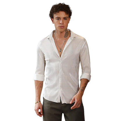Campus Sutra Mens Daisy White Metallic Pleated Shirt | Casual Wear | Spread Collar | Long Sleeve | Button Closure | Shirt Craft