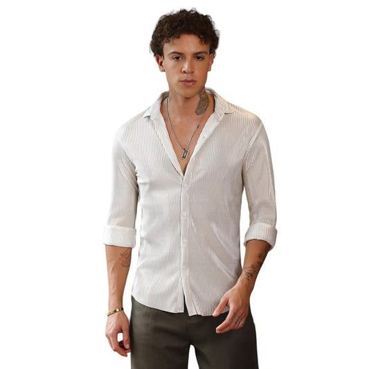 Campus Sutra Mens Daisy White Metallic Pleated Shirt | Casual Wear | Spread Collar | Long Sleeve | Button Closure | Shirt Craft