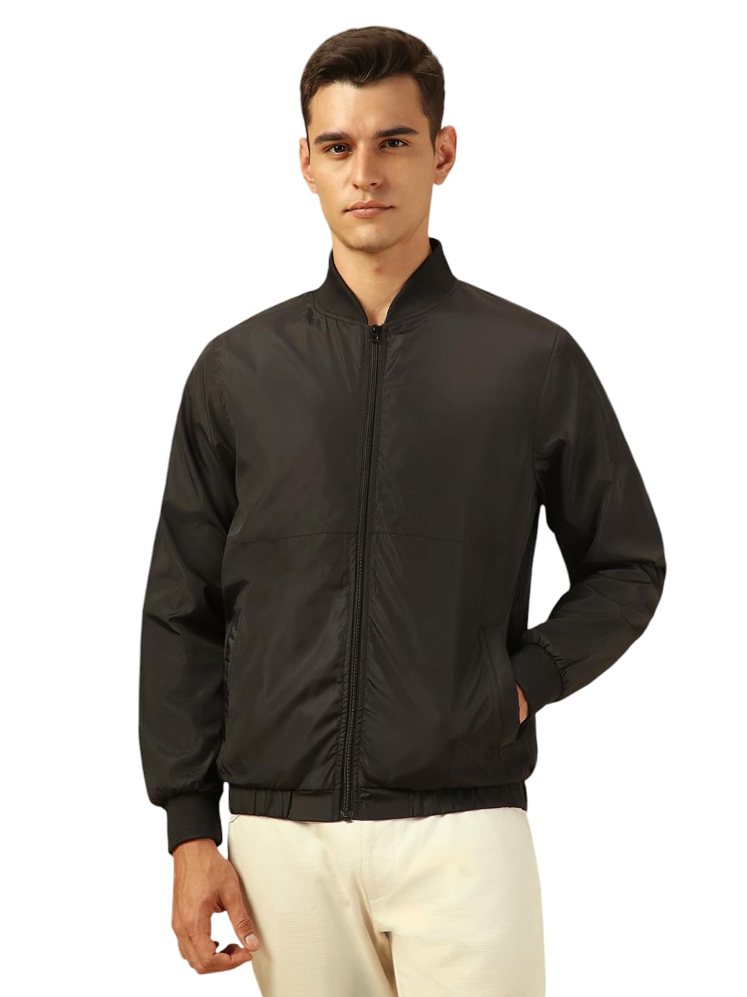 Dennis Lingo Men Regular Fit Ployseter Solid Full Sleeves Mock Collar Bomber Jackets