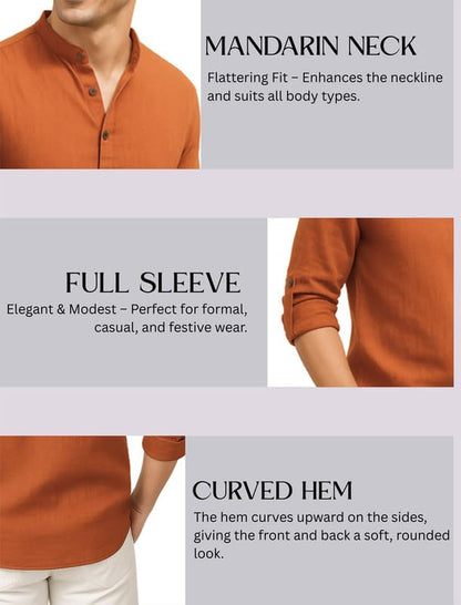 Deelmo MenS Cotton Blend Solid Regular Fit Full Sleeve Short Kurta | MenS Trendy Short Kurta Dark Orange