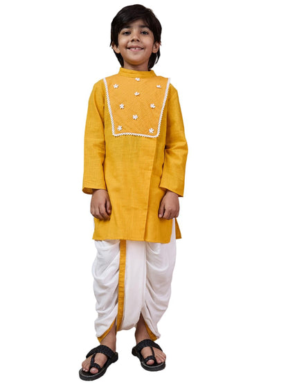 Pspeaches Boys Mandarin Collar Floral Yoke Design Regular Thread Work Kurta With Dhoti Pants (12-14Years)