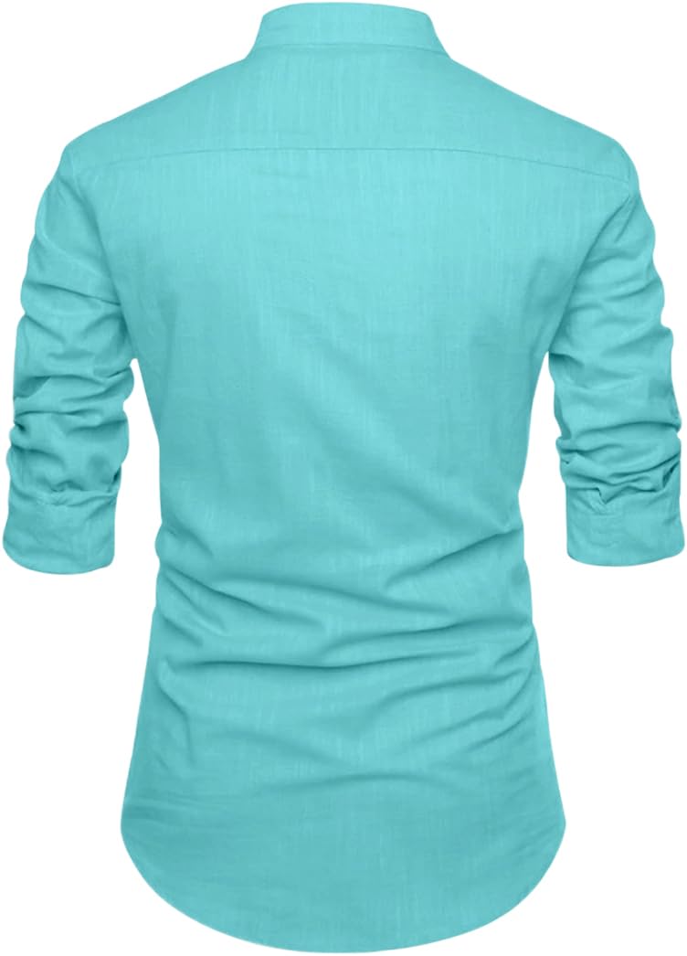 ROYALSCOUT Mens Solid Cotton Blend Straight Kurta Shirt | Regular Fit Full Sleeve Short Kurta Turquoise
