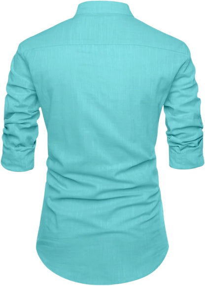 ROYALSCOUT Mens Solid Cotton Blend Straight Kurta Shirt | Regular Fit Full Sleeve Short Kurta Turquoise