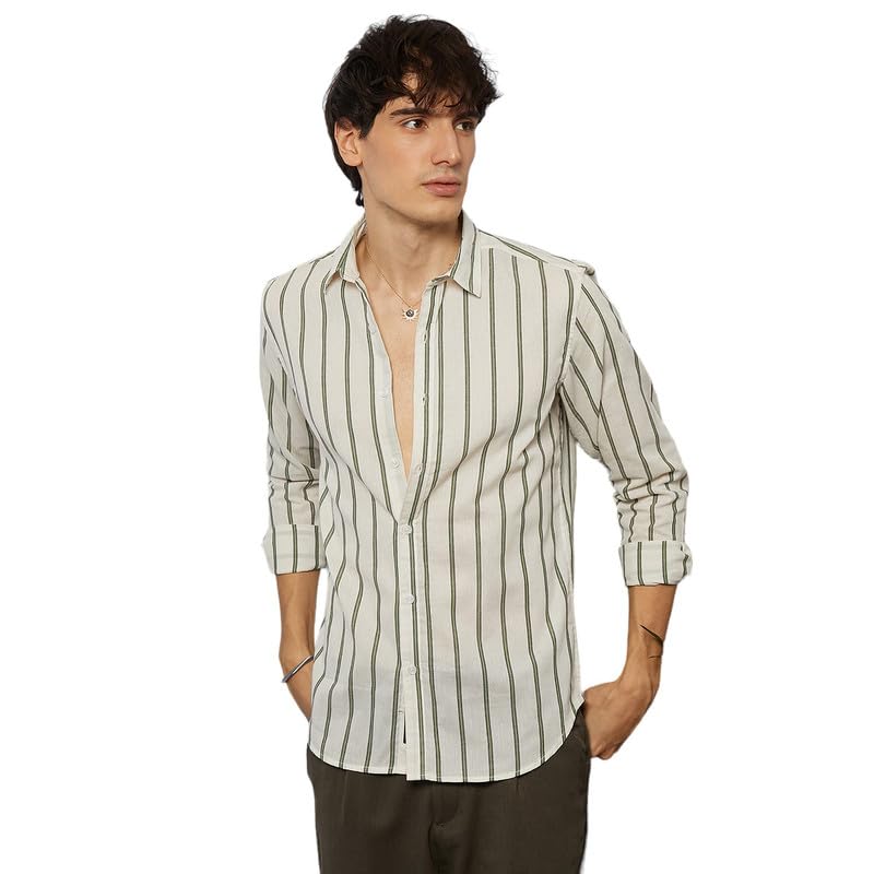 Campus Sutra Mens Saltbox Beige & Sage Green Lined Halo-Striped Shirt | Casual Wear | Spread Collar | Long Sleeve | Button Clos
