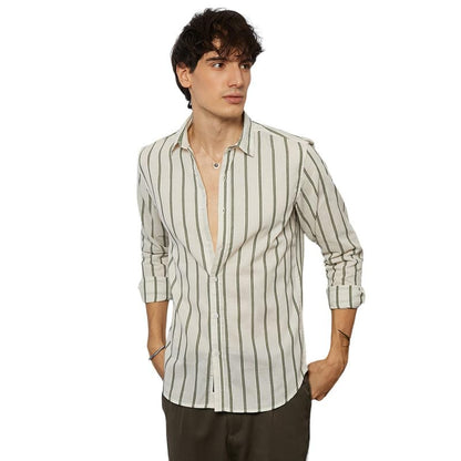 Campus Sutra Mens Saltbox Beige & Sage Green Lined Halo-Striped Shirt | Casual Wear | Spread Collar | Long Sleeve | Button Clos
