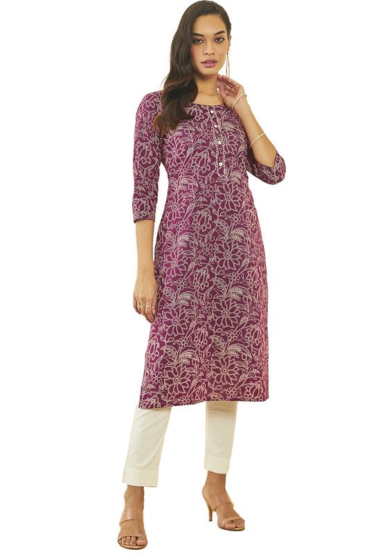 Soch Womens Cotton All-Over Floral Print Straight Kurta with Gota Patti Details