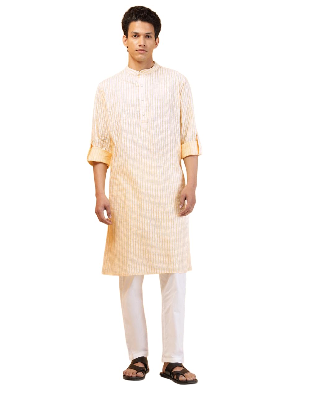 Fabindia Yellow Cotton Hand Block Printed Slim Fit Kurta