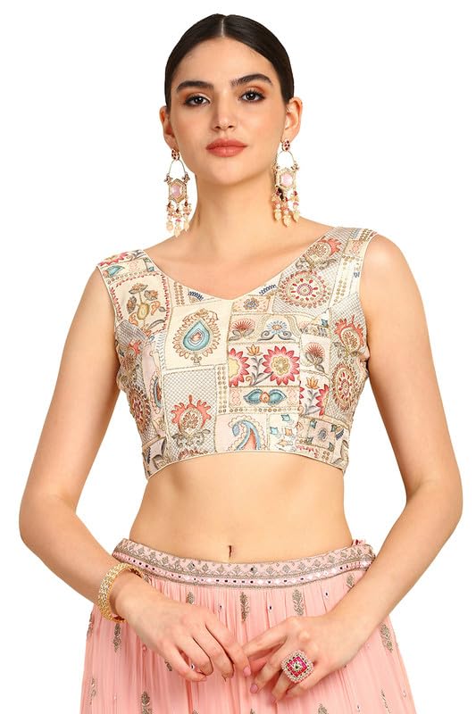 Soch Womens Cream Floral Print Art Silk Padded Blouse With Zari Work