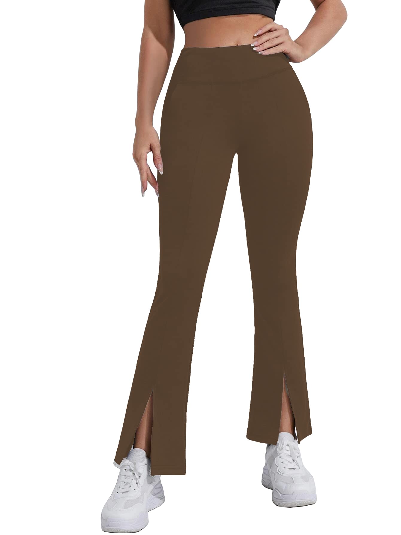 Shasmi Brown Womens Yoga Dress Pants Stretchy Work Slacks Business Casual Sport Office Bootcut Leg Elastic Waist Regular Fit Pl