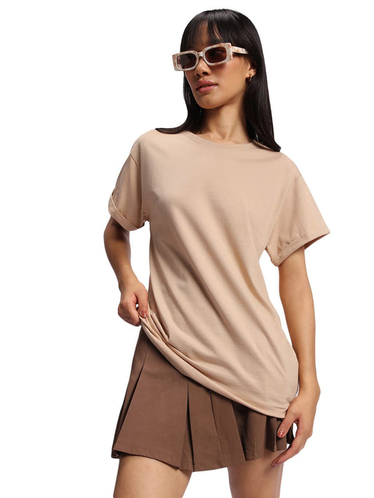 Bewakoof Women Cotton Loose Fit Solid T-Shirt- Boyfriend Fit, Round Neck, Half Sleeves 555480_Brown_M