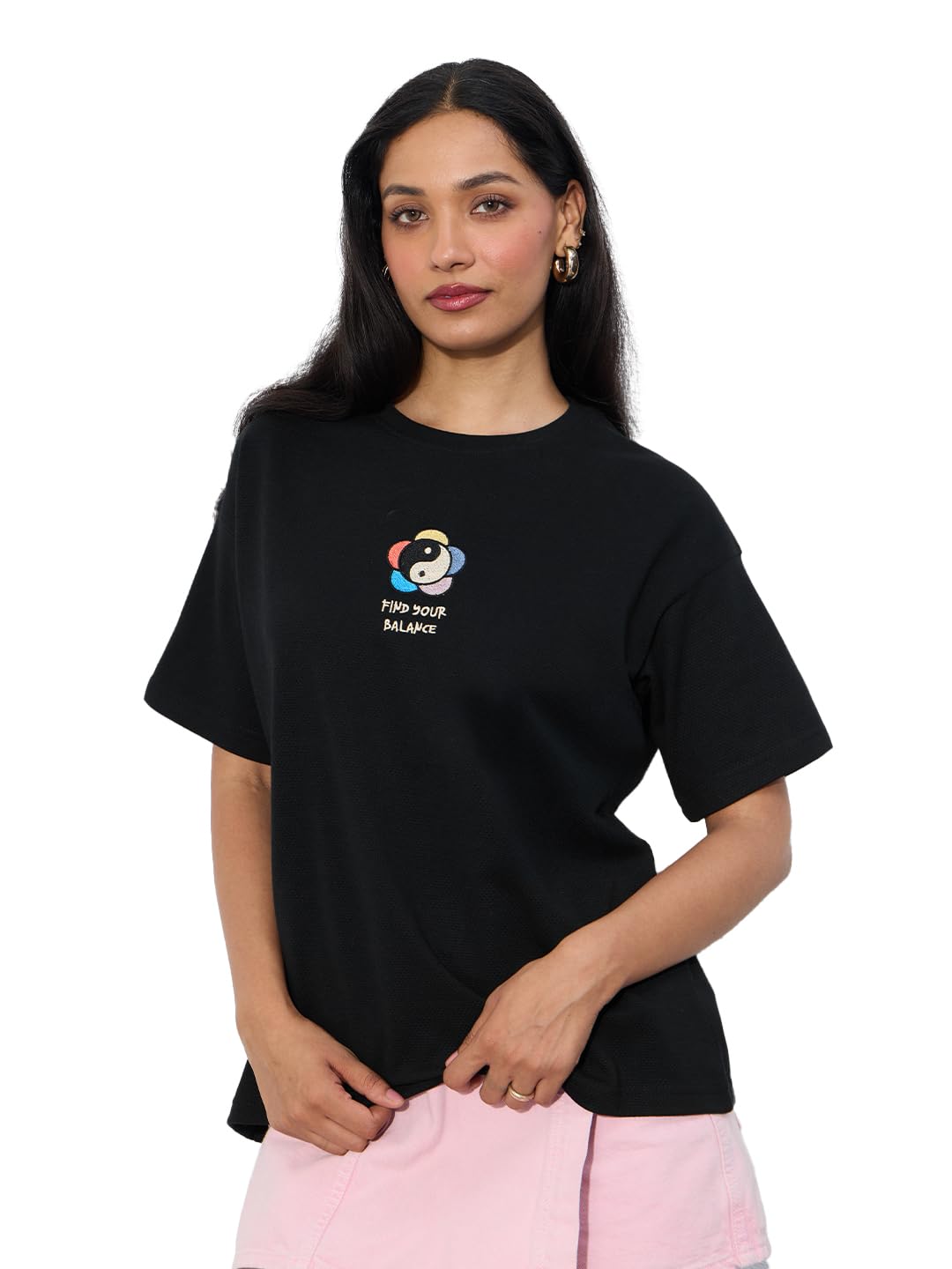 The Souled Store Textured T-Shirt: Find Your Balance Women and Girls Short Sleeves Round Neck Black Embroidered Cotton Relaxed F