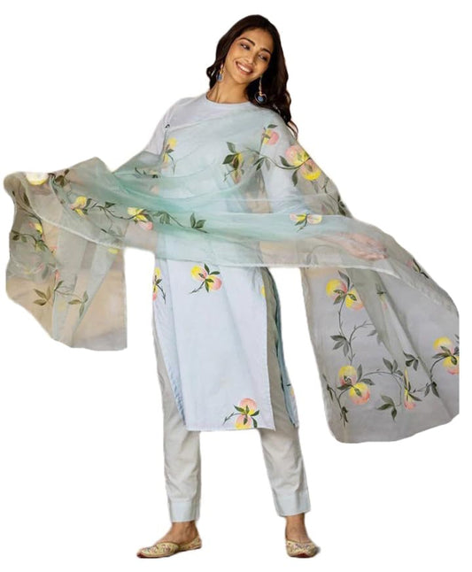 GoSriKi Women's Cotton Blend Straight Printed Kurta with Pant & Dupatta (Taral