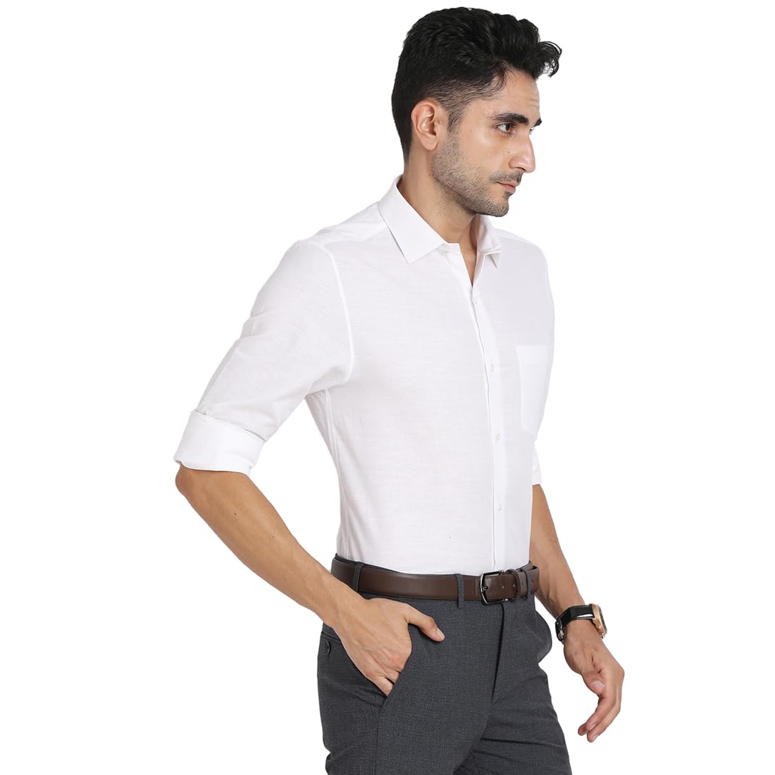 Turtle Men Cotton Linen White Solid Slim Fit Full Sleeve Formal Shirt
