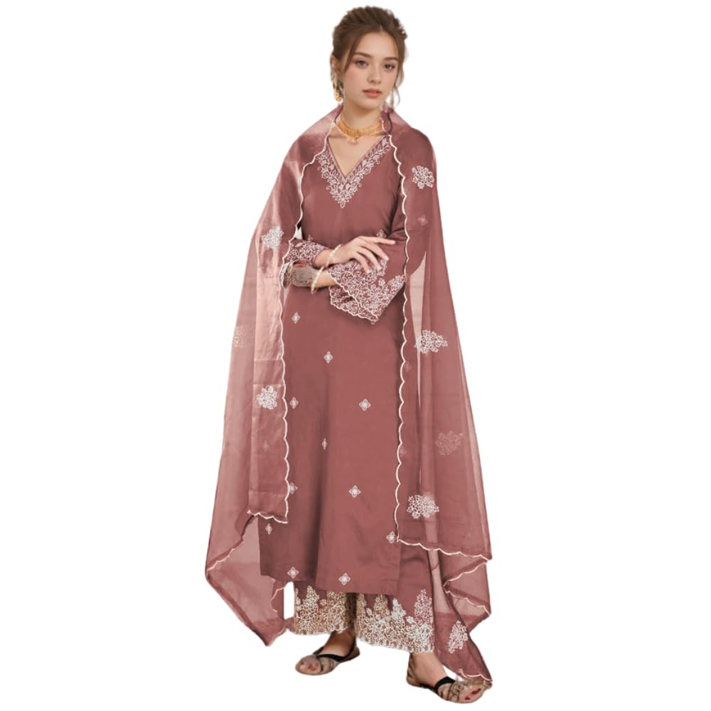 Shienzy WomenS Embroidered Chanderi Kurta Pant Set With Net Dupatta | V Neck, 3/4 Sleeve Ethnic Set | Outfit For Office Wear (1