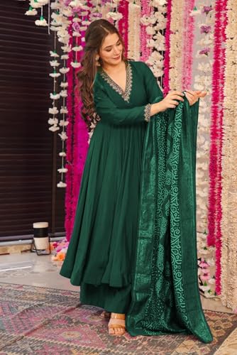 Toochki Women's Muslin Anarkali Embroidered Kurta with Palazzo with Dupattas