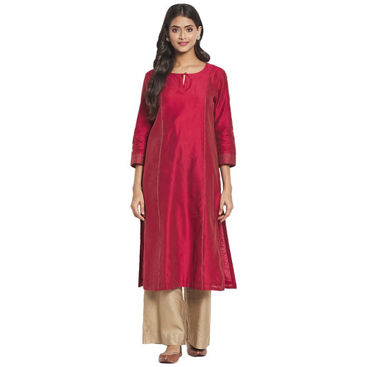 Fabindia Women Cotton Silk Embroidered Long Kurta Red