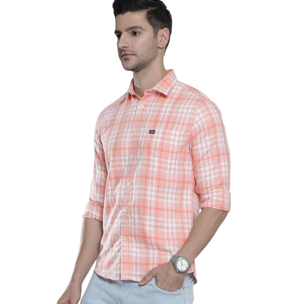 The Indian Garage Co Men Pink Checkered Slim Fit Casual Shirt