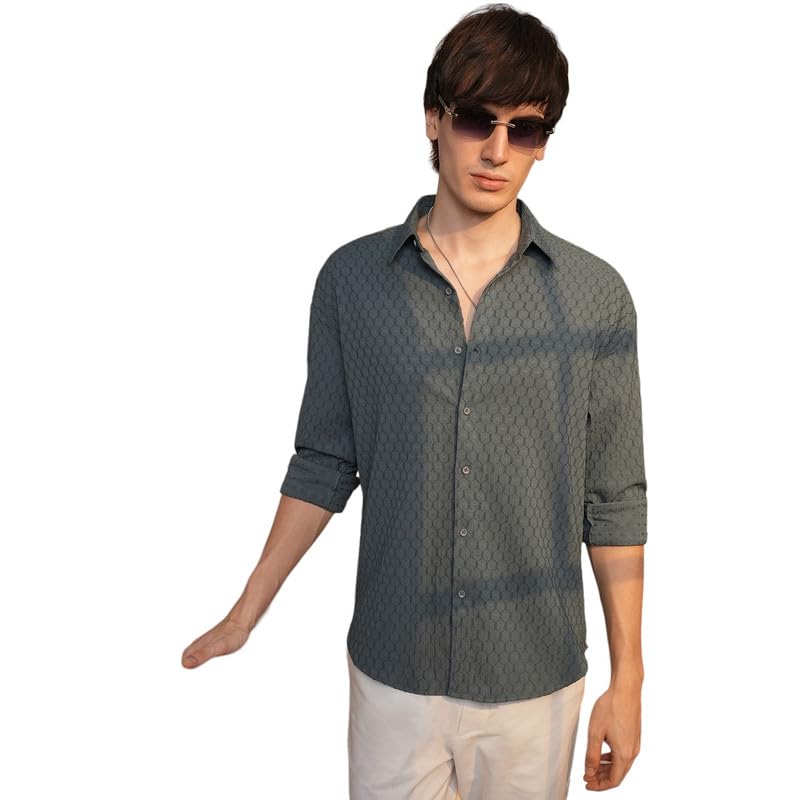 Campus Sutra Mens Charcoal Grey Honeycomb-Textured Oversized Shirt | Casual Wear | Spread Collar | Long Sleeve | Button Closure