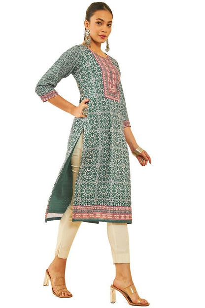 Soch Womens Teal Cotton Floral Printed Kurta with Thread Work & Sequins