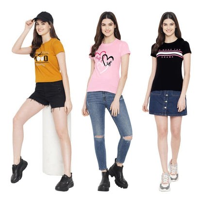 Preneum Womens Cotton Regular Fit Latest Graphic Stylish Printed Short Sleeves Casual T-Shirt || Trend & Styles (Pack 3), Yello