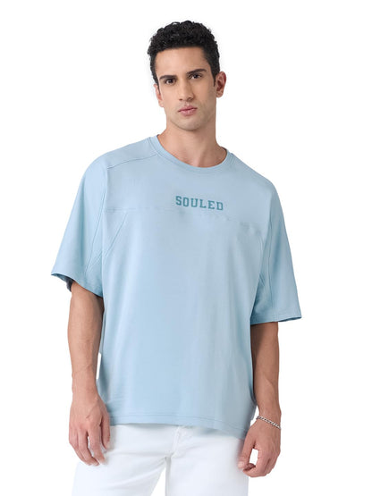 The Souled Store Blue Slate Men and Boys Short Sleeves Round Neck Blue Solid Cotton Oversized T-Shirts