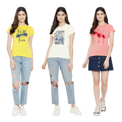 Preneum Womens Cotton Regular Fit Latest Graphic Stylish Printed Short Sleeves Casual T-Shirt || Trend & Stylish (Pack 3), Yell