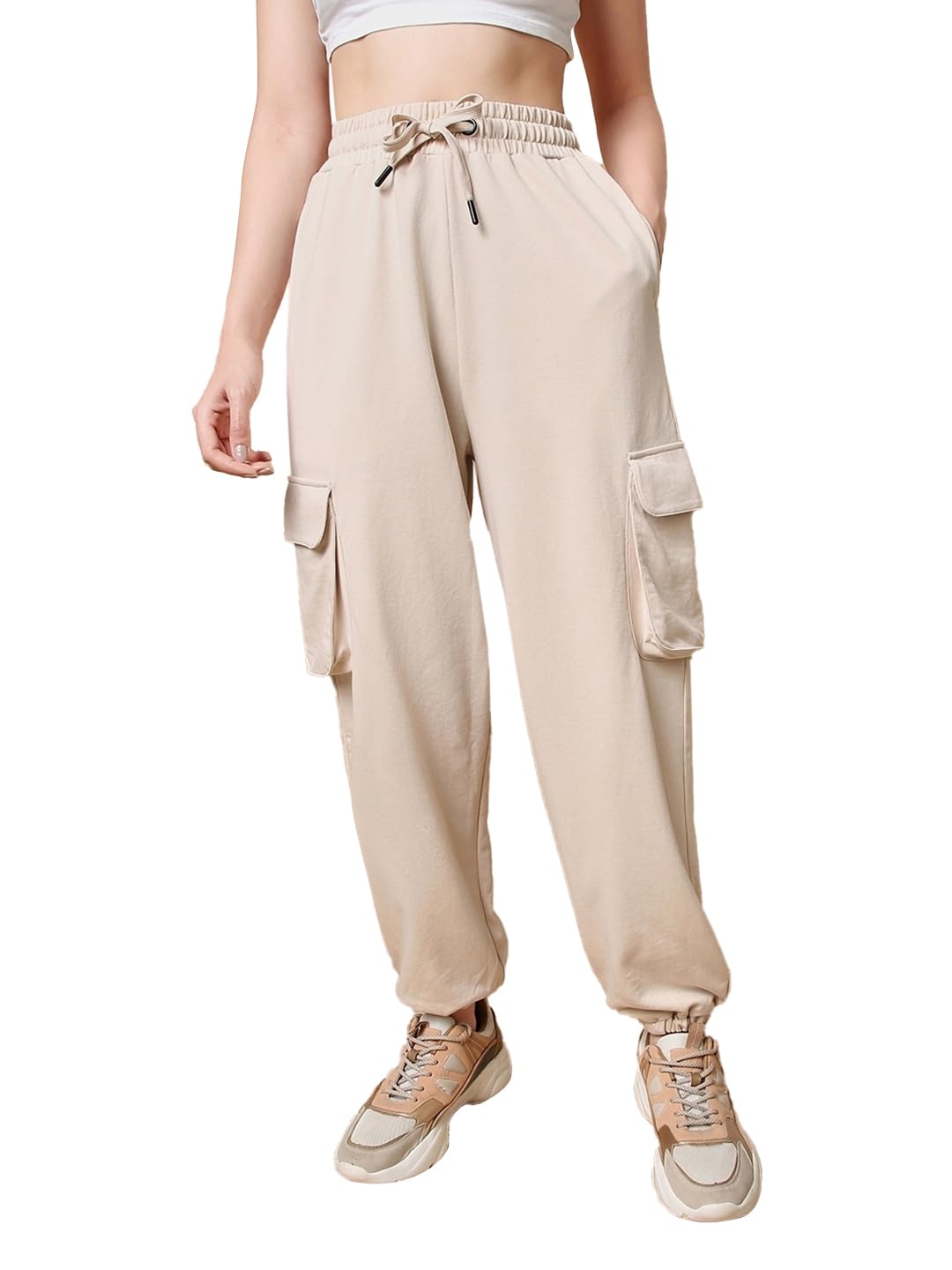 Bewakoof Air 1.0 Womens Solid Oversized Fit Cotton Blend Plus Size Cargo Mid Rise Joggers_585694_Beige_6XL