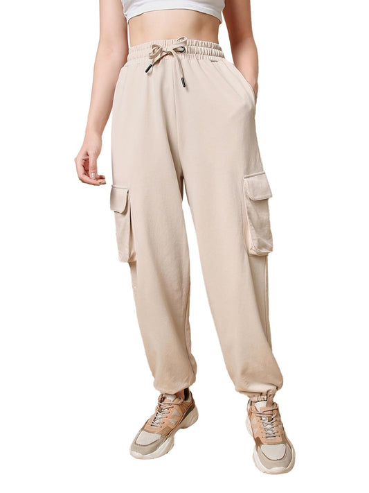 Bewakoof Air 1.0 Womens Solid Oversized Fit Cotton Blend Plus Size Cargo Mid Rise Joggers_585694_Beige_6XL
