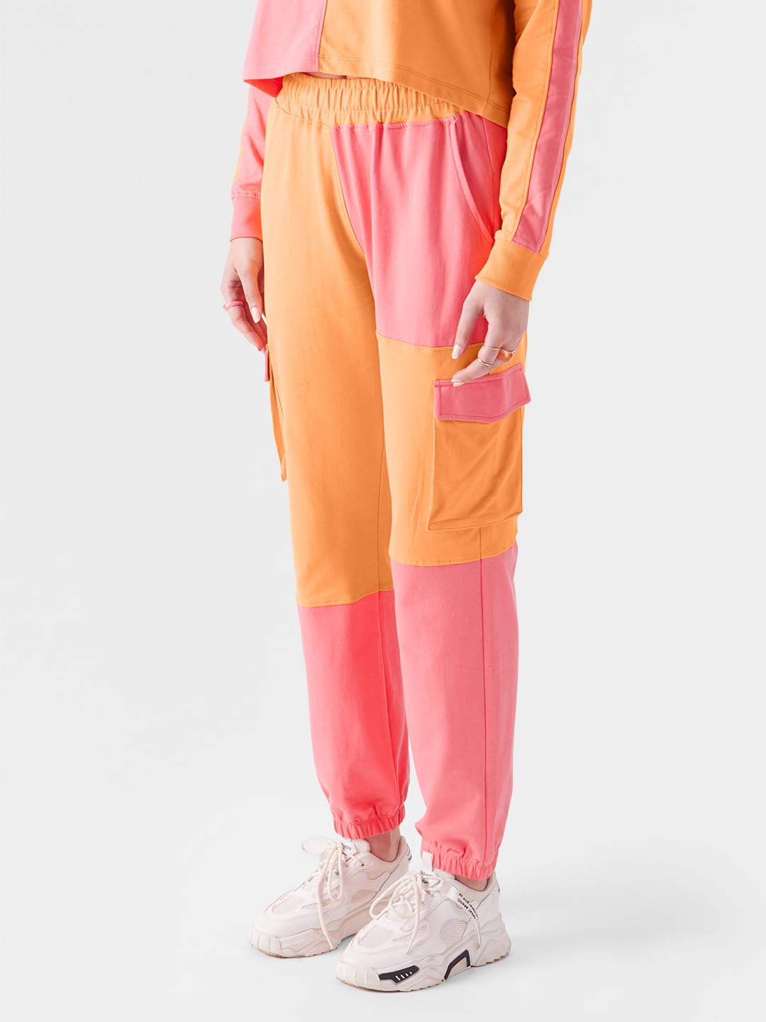 The Souled Store Women Solids: Orange, Pink (Colourblock) Easy Joggers Women Joggers Trousers Bottoms Running Gym Activewear Cas