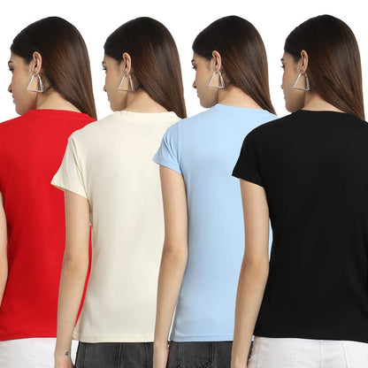 Preneum Womens Cotton Regular Fit Latest Graphic Stylish Printed Short Sleeves Casual T-Shirt || Trending & Style (Pack 4), Red
