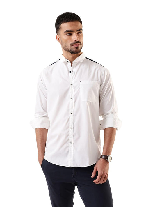 Dennis Lingo Men White - Navy Solid Spread Collar Full Sleeves Regular Fit Cotton Casual Shirt