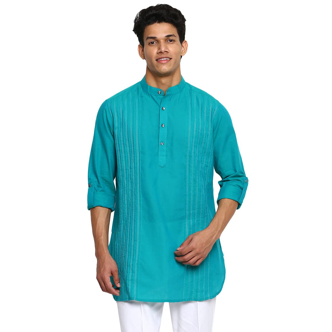 Fabindia Men Cotton Pintucks Short Kurta Teal_Xxl