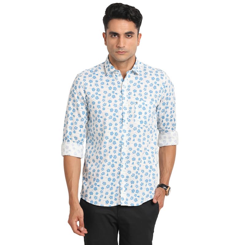Turtle Men EXCEL Linen Blue Printed Slim Fit Full Sleeve Casual Shirt