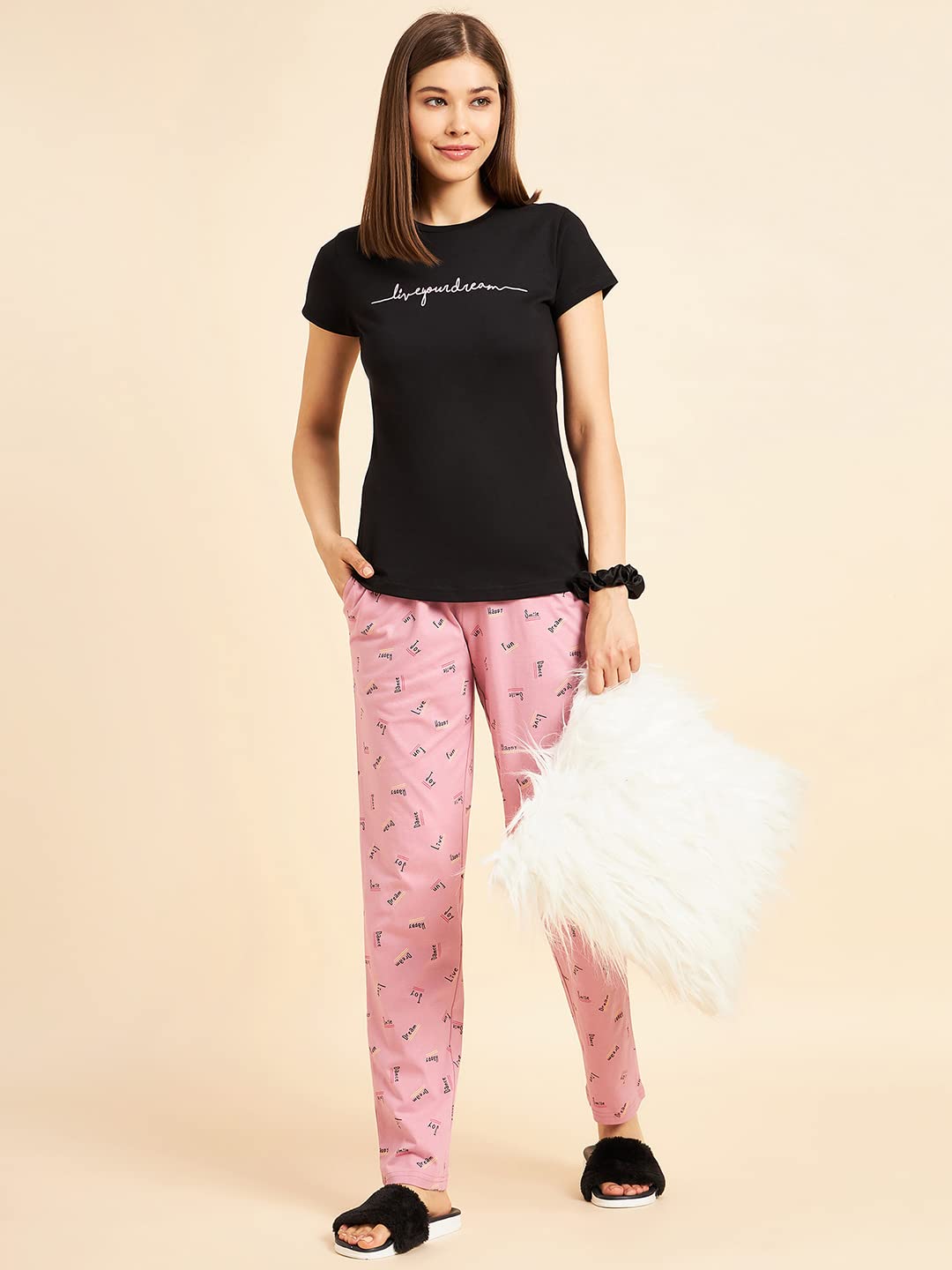 Sweet Dreams Women Cotton Top & Pyjama Set Black