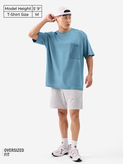 The Souled Store Solids: Arctic Blue Men and Boys Short Sleeves Round Neck Cotton Oversized T-Shirts